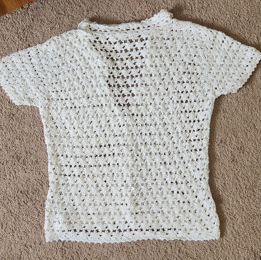Y2K Ivory Crochet Collared Button Up Shirt Boho Cottage Festival Renaissance M - Picture 3 of 8